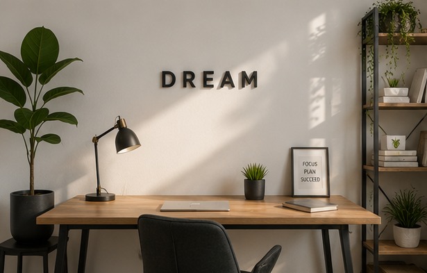 Mot inspirant en lettres 3D dans un bureau
