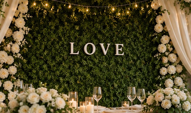 Lettres 3D sur mur végétal de mariage